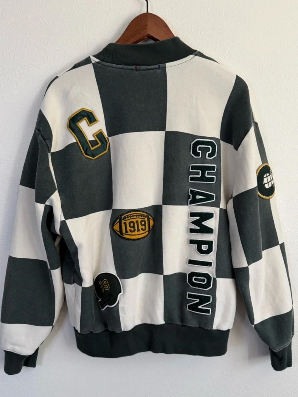Champion Varsity Check Cardigan Green Cream Medium Retro Collegiate Sweater